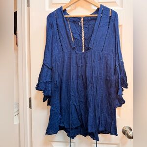 Free People Indigo Blue Boho Peasant Blouse